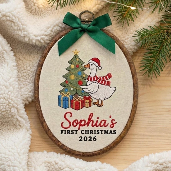 Custom Name Christmas Ornament, Baby Girl 1st Xmas Gift 2026, Embroidered Goose Tree Hoop Decor, Oval Wood Frame Keepsake Hanging Ornament