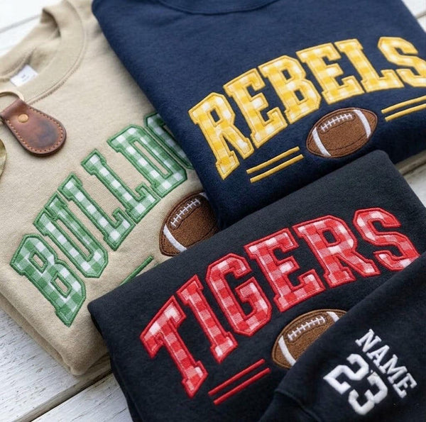 Custom Football Applique Embroidered Sweatshirt, School Mascot Sleeve Player Crewneck