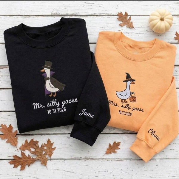 Custom Embroidered Silly Goose Halloween Sweatshirt, Matching Couple Ghost Witch Crewneck