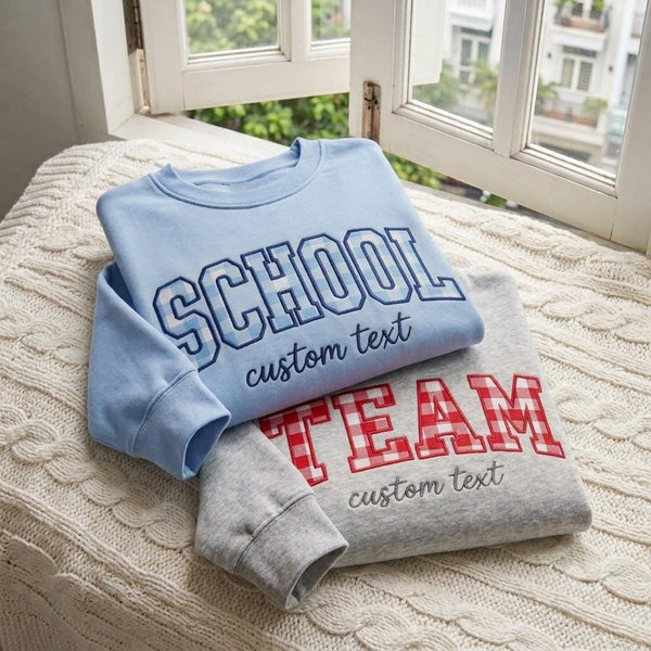 Custom School Team Gingham Sweatshirt, Personalized Applique Collegiate Varsity Crewneck