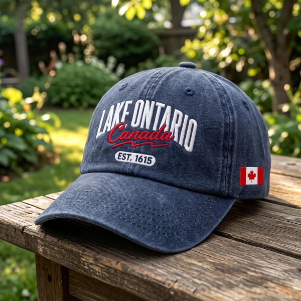 Lake Ontario Canada Flag Embroidered Hat, Vintage Washed Cotton Baseball Cap, Great Lakes Travel Gift