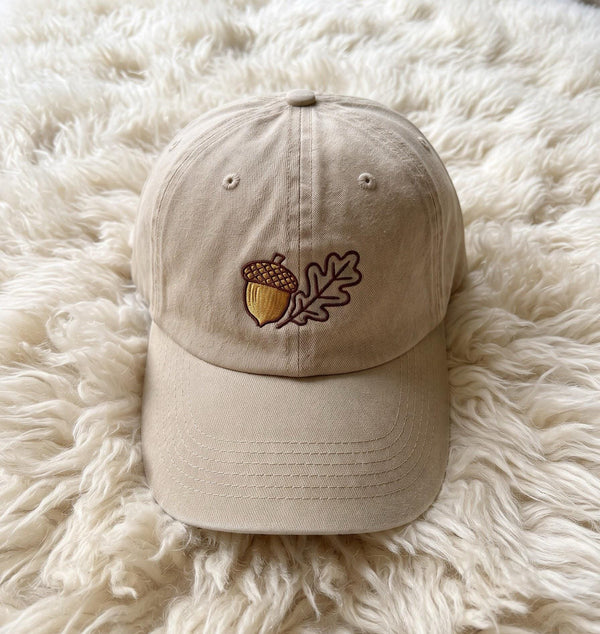 Acorn Oak Leaf Embroidered Hat, Minimalist Autumn Washed Cotton Dad Cap, Fall Nature Lover Gift