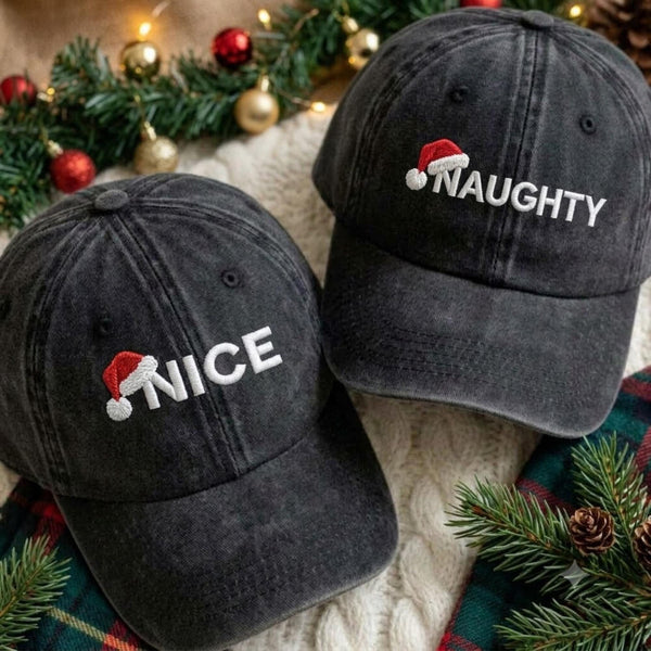Matching Christmas Couple Embroidered Hats, Santa Theme Washed Cotton Baseball Caps