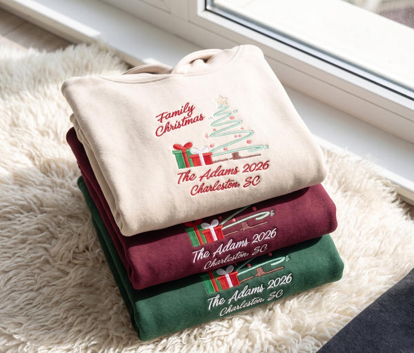 Custom Embroidered Christmas Tree Family Hoodie, Personalized Name & Year Matching Holiday Gift