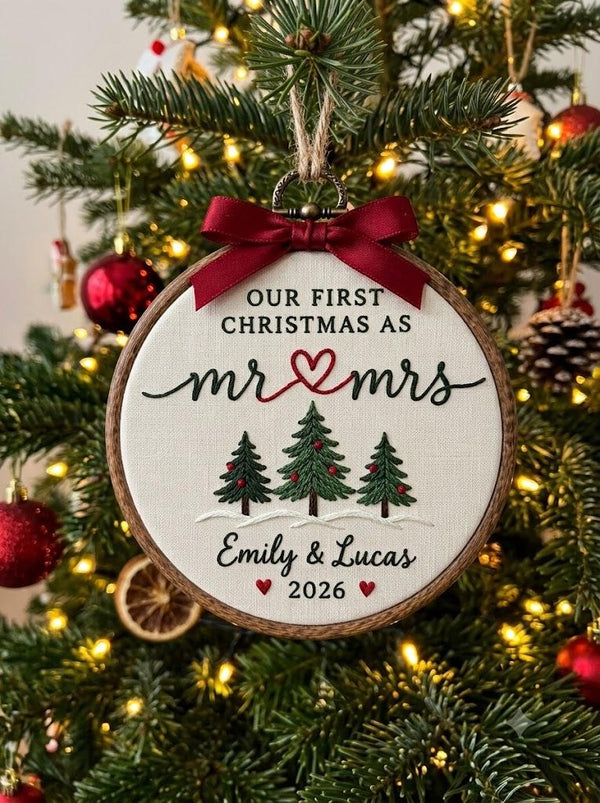 Personalized Mr and Mrs Christmas Embroidered Ornament, Custom Couple Names Keepsake, Festive Tree Decor, Romantic Wedding Gift