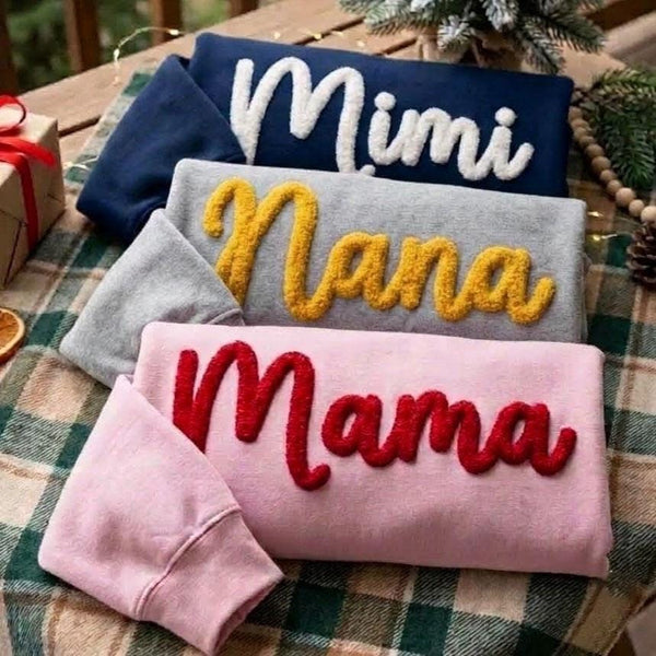 Embroidered Yarn Letter Mama Sweatshirt, Custom Family Name Crewneck Mother Gift