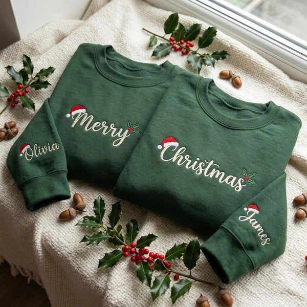 Personalized Merry Christmas Monogram Sweatshirt, Custom Couple Winter Embroidered Crewneck