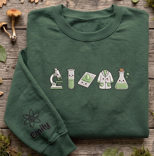 Science Lab Icons Embroidered Sweatshirt, Custom Name Sleeve Microscope Teacher Crewneck