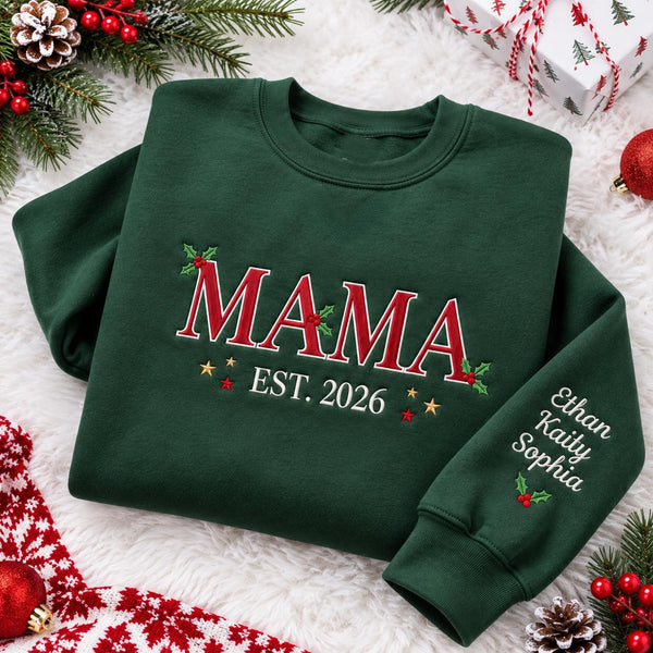 Personalized Mama Est 2026 Christmas Sweatshirt, Custom Names Embroidered Crewneck