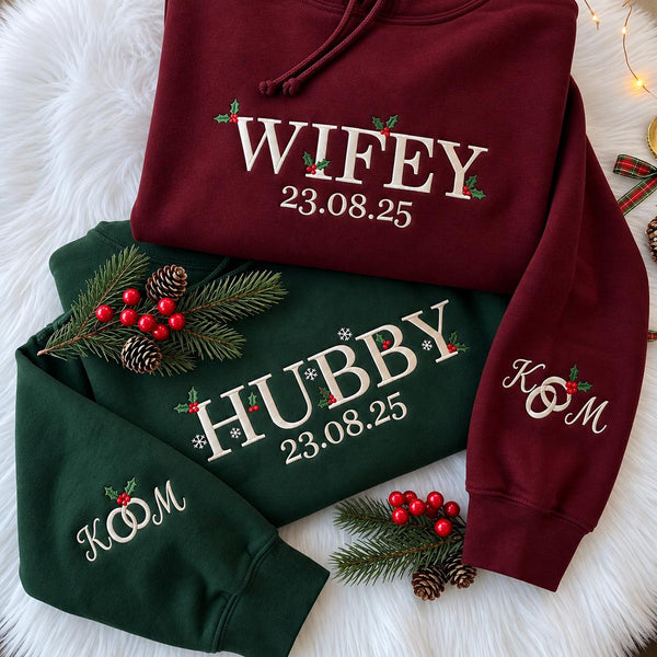 Personalized Wedding Date Christmas Sweatshirt, Custom Wifey Hubby Embroidered Crewneck