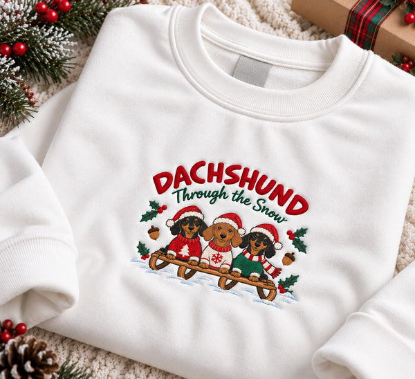 Dachshund Through The Snow Christmas Sweatshirt, Funny Dog Sled Embroidered Crewneck