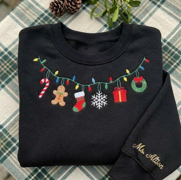 Embroidered Christmas Lights Garland Sweatshirt, Custom Holiday Ornaments Crewneck