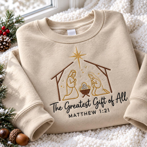 The Greatest Gift Matthew 1 21 Embroidered Sweatshirt, Nativity Bible Verse Crewneck