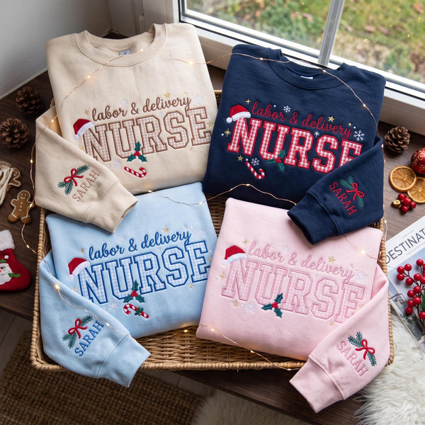 Embroidered Christmas Labor and Delivery Nurse Sweatshirt, Custom Name Sleeve Santa Hat Gingham L&D Nurse Shirt, LND Nurse Gift Crewneck