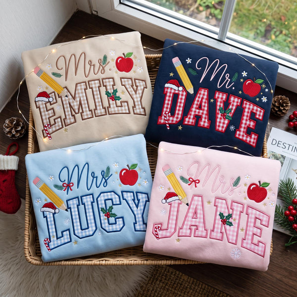 Embroidered Christmas Custom Name Teacher Sweatshirt, Personalized Pencil Apple Gingham Teacher Shirt, Festive Holiday School Gift Crewneck