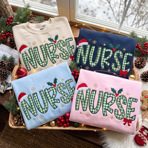Embroidered Christmas Nurse Sweatshirt, Custom Green Gingham Ribbon Santa Hat Nurse Shirt, RN Xmas Gift, Healthcare Worker Holiday Crewneck