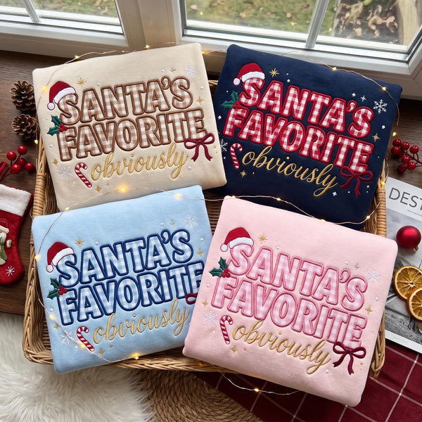 Embroidered Christmas Santas Favorite Sweatshirt, Custom Gingham Santa Hat Bow Candy Cane Shirt, Funny Xmas Holiday Crewneck Gift Sweater