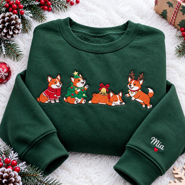 Custom Name Christmas Corgi Sweatshirt, Funny Reindeer Dog Xmas Embroidered Crewneck