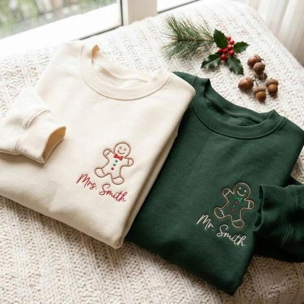 Personalized Gingerbread Man Christmas Sweatshirt, Custom Name Couple Embroidered Crewneck