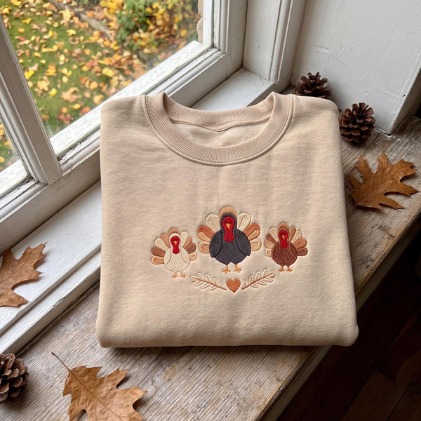 Embroidered Turkey Family Thanksgiving Sweatshirt Fall Crewneck Autumn Holiday Gift, Fall Lover Gift, Thanksgiving Shirt