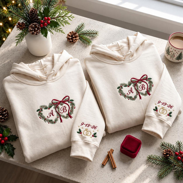 Custom Initial Interlocking Hearts Christmas Sweatshirt, Couple Bow Embroidered Crewneck