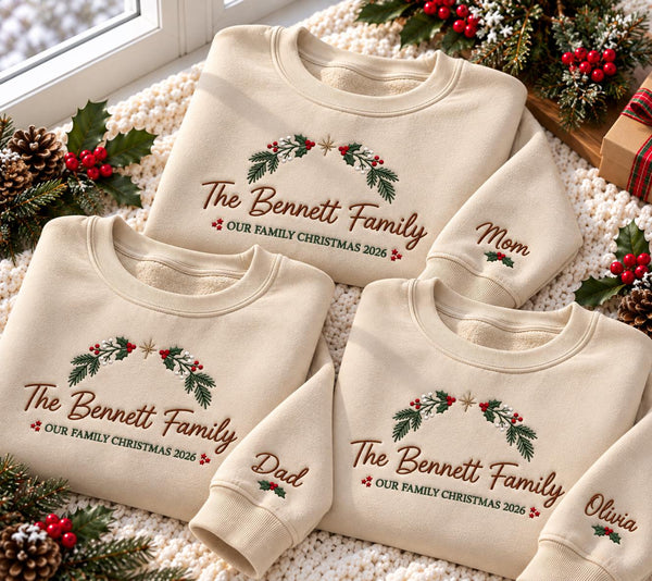Personalized Name Family Christmas Sweatshirt, Matching Holiday Embroidered Crewneck