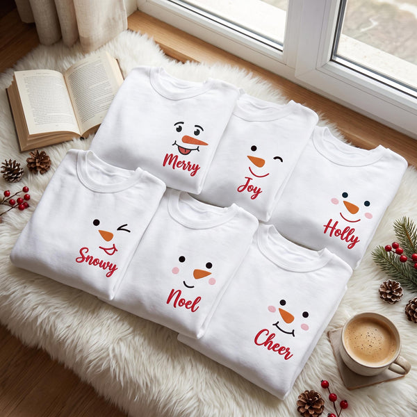 Snowman Face Christmas Embroidered Sweatshirt, Custom Name Family Matching Crewneck