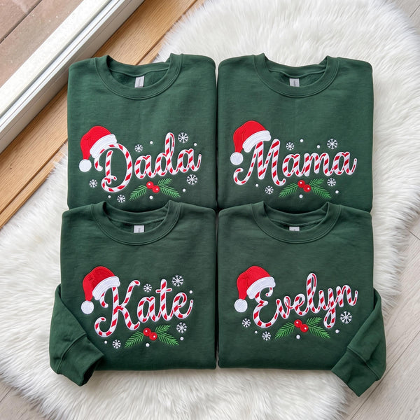 Candy Cane Christmas Embroidered Sweatshirt, Custom Name Santa Hat Family Crewneck