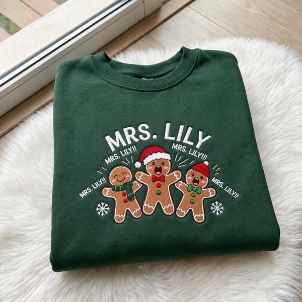 Custom Teacher Name Christmas Sweatshirt, Funny Gingerbread Embroidered Crewneck