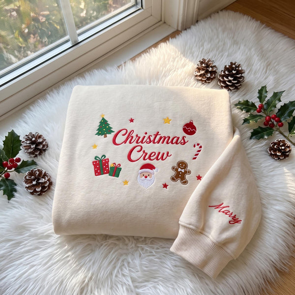 Christmas Crew Embroidered Sweatshirt, Custom Sleeve Name Santa Gingerbread Xmas Crewneck