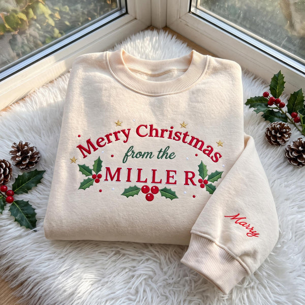 Merry Christmas Family Embroidered Sweatshirt, Custom Last Name Sleeve Holly Crewneck