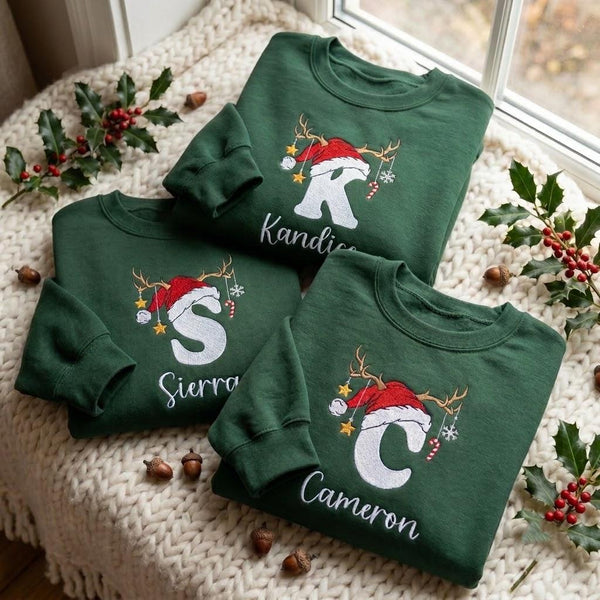 Christmas Reindeer Monogram Embroidered Sweatshirt, Custom Initial Holiday Crewneck