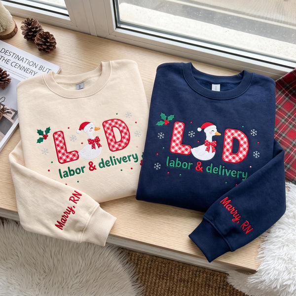 Embroidered Christmas L&D Goose Sweatshirt, Custom Name Sleeve Labor and Delivery Gingham Nurse Shirt, LND Nurse Gift, Xmas Crewneck