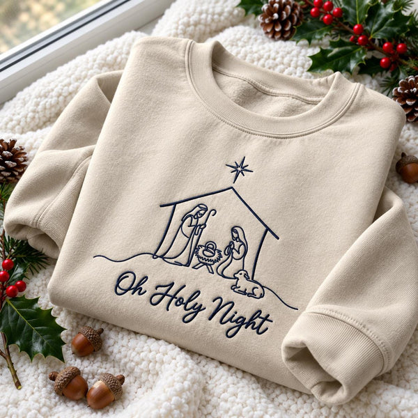 Oh Holy Night Nativity Embroidered Sweatshirt, Christian Star Faith Holiday Crewneck