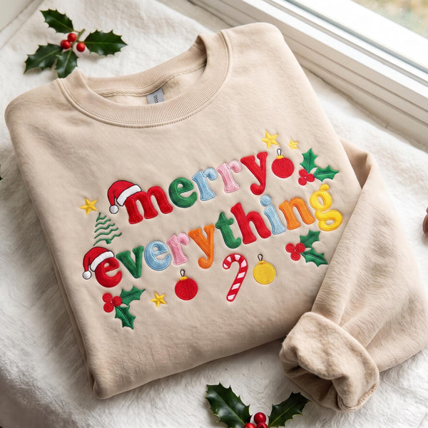 Embroidered Christmas Merry Everything Sweatshirt, Festive Santa Hat Candy Cane Baubles Shirt, Colorful Xmas Holiday Gift Crewneck