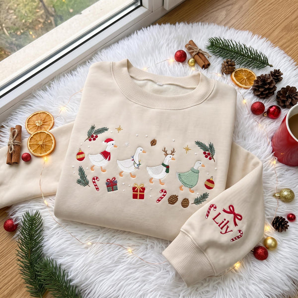 Embroidered Christmas Geese Sweatshirt, Custom Sleeve Name Cute Christmas Goose Shirt, Festive Holiday Gift Vintage Family Crewneck