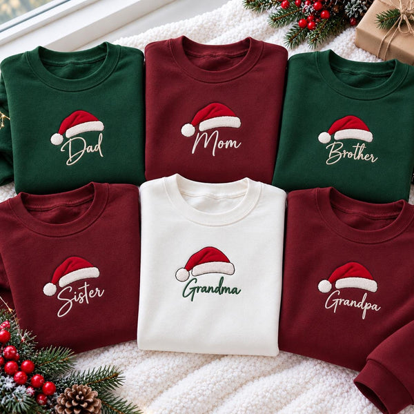 Matching Family Christmas Embroidered Sweatshirt, Santa Hat Mom Dad Sister Crewneck