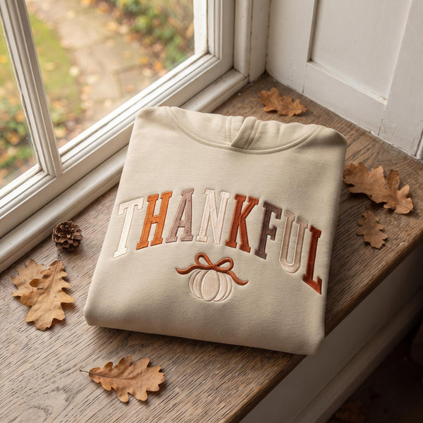 Embroidered Thankful Sweatshirt, Thankful Embroidered Fall Hoodie Pumpkin Bow Autumn Crewneck Thanksgiving Gift, Thanksgiving Lover Sweater