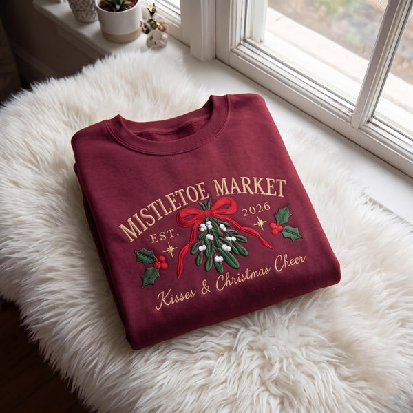 Mistletoe Market Embroidered Sweatshirt, Vintage Christmas Botanical 2026 Crewneck