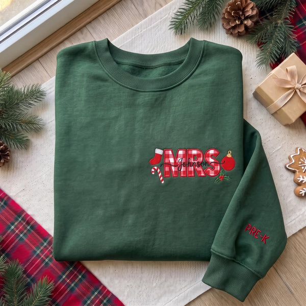 Christmas Teacher Embroidered Sweatshirt, Red Gingham Applique Mrs Sleeve Grade Crewneck