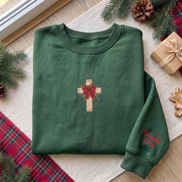 Christmas Cross Embroidered Sweatshirt, Custom Bible Verse Sleeve Floral Bow Crewneck