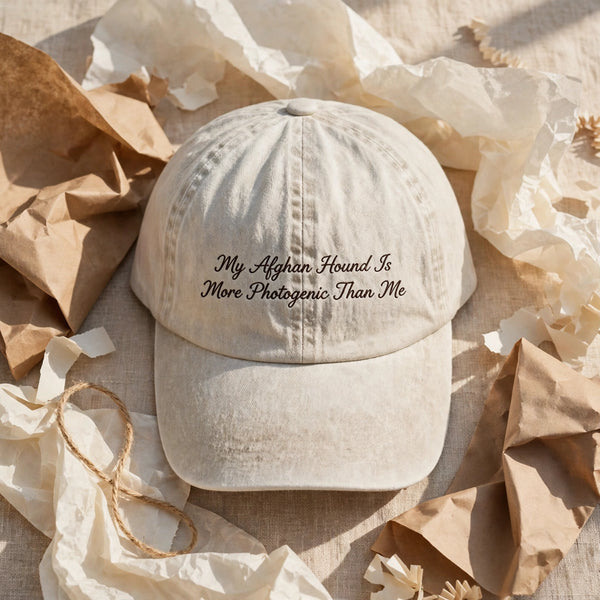 White washed cap with My Afghan Hound Is More Photogenic Than Me embroidery, gift presentation