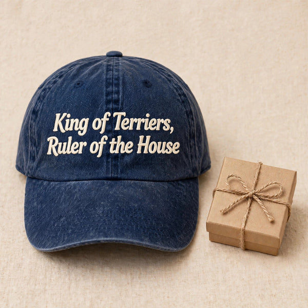 Airedale funny text navy cap gift presentation, King of Terriers Ruler of the House embroidery