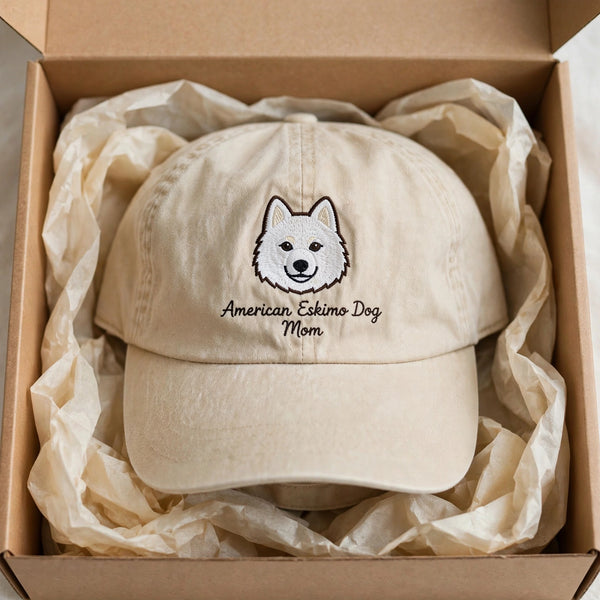 American Eskimo Dog mom cap gift presentation