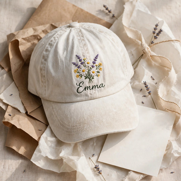 Birth flower embroidered cap gift presentation