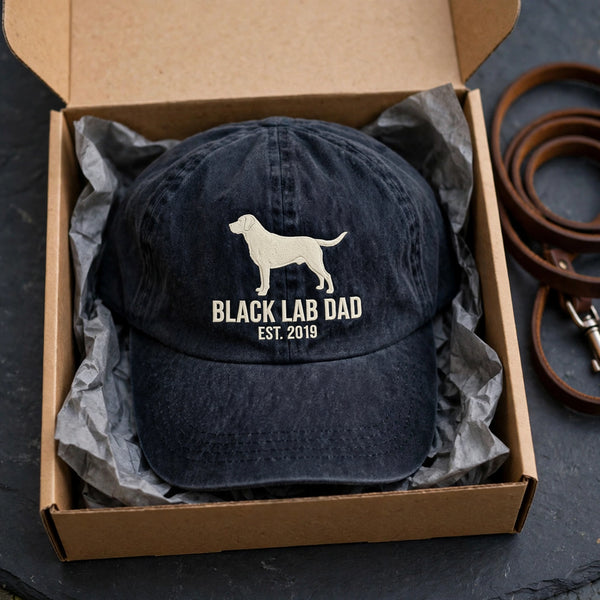 Custom Black Labrador Retriever Embroidered Hat, Personalized Dog Dad Est Year Silhouette Baseball Cap, Washed Cotton