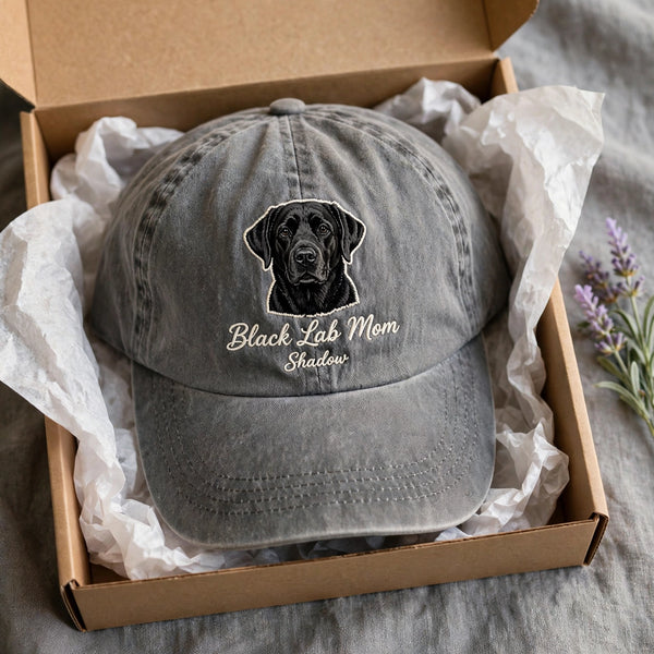 Custom Black Labrador Retriever Embroidered Hat, Personalized Dog Mom Pet Name Portrait Baseball Cap, Vintage Washed Cotton