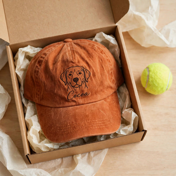 Custom Chocolate Labrador Retriever Embroidered Hat, Personalized Pet Name Line Art Baseball Cap, Washed Cotton