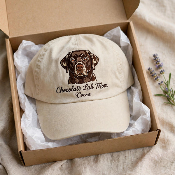 Custom Chocolate Labrador Retriever Embroidered Hat, Personalized Dog Mom Pet Name Portrait Baseball Cap, Vintage Washed Cotton