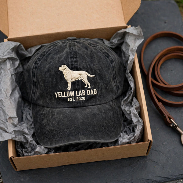Custom Yellow Labrador Retriever Embroidered Hat, Personalized Dog Dad Est Year Silhouette Baseball Cap, Washed Cotton